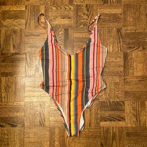 Striped low back high cut one piece bathing suit